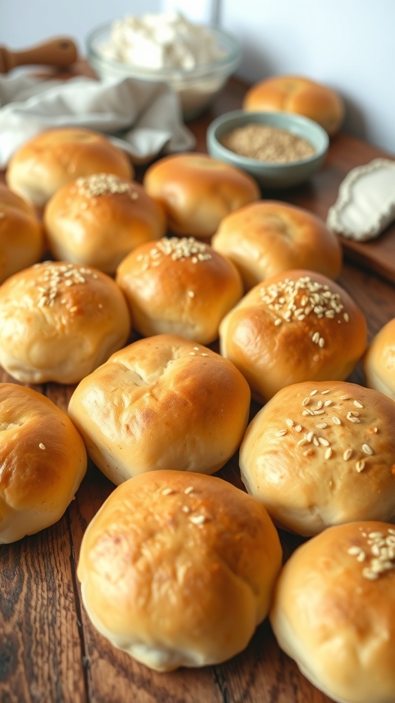 Quick Homemade Hamburger Buns Recipe Freshly baked golden hamburger buns on a wooden table, some topped with sesame seeds.